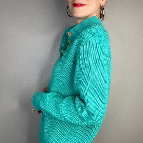 Vintage 90s button henley pullover sweater chunky knit grandpa cotton teal green - Picture 12 of 17
